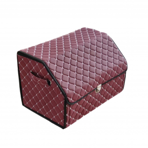 Buda Deri Lüks Oto Araç Bagaj Toplayıcı Organizer, Bagaj Çantası - Nakışlı Bordo Beyaz - Bagaj Çantası