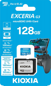 KIOXIA 128GB Exceria G3 Micro SDXC U1 V30 A2 4K 160/50MB/sn Hafıza Kartı (SD Adaptörlü) - Sensör & Kamera