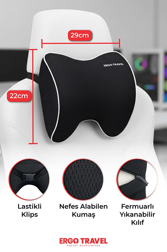 VİSKO Büyük Lüks Oto Boyun Yastığı Siyah (20*25*12 CM) / 1 Adet - Boyun Yastığı - Görsel 2