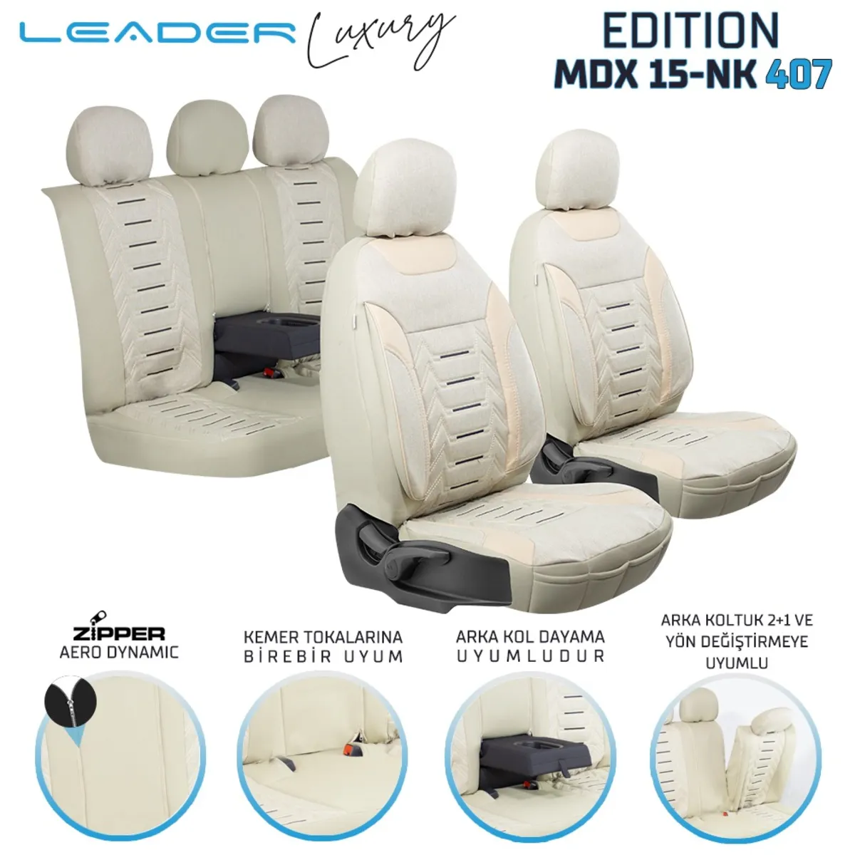 Leader Edition / Nakış Keten Fermuarlı / Universal Oto Koltuk Kılıfı - Binek
