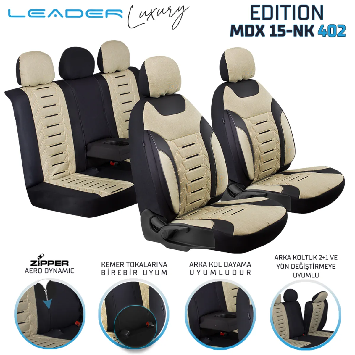 Leader Edition / Nakış Keten Fermuarlı / Universal Oto Koltuk Kılıfı - Binek