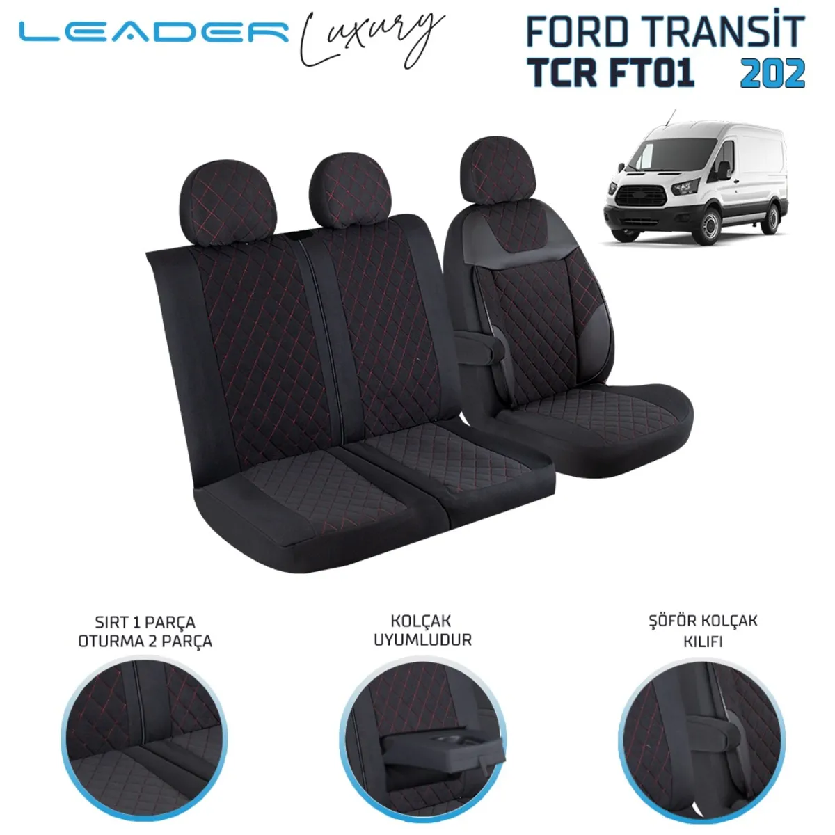 Leader FORD TRANSİT 2013 SONRASI 2+1 TİCARİ NAKIŞLI ALKANTRA OTO KILIFI - Ticari
