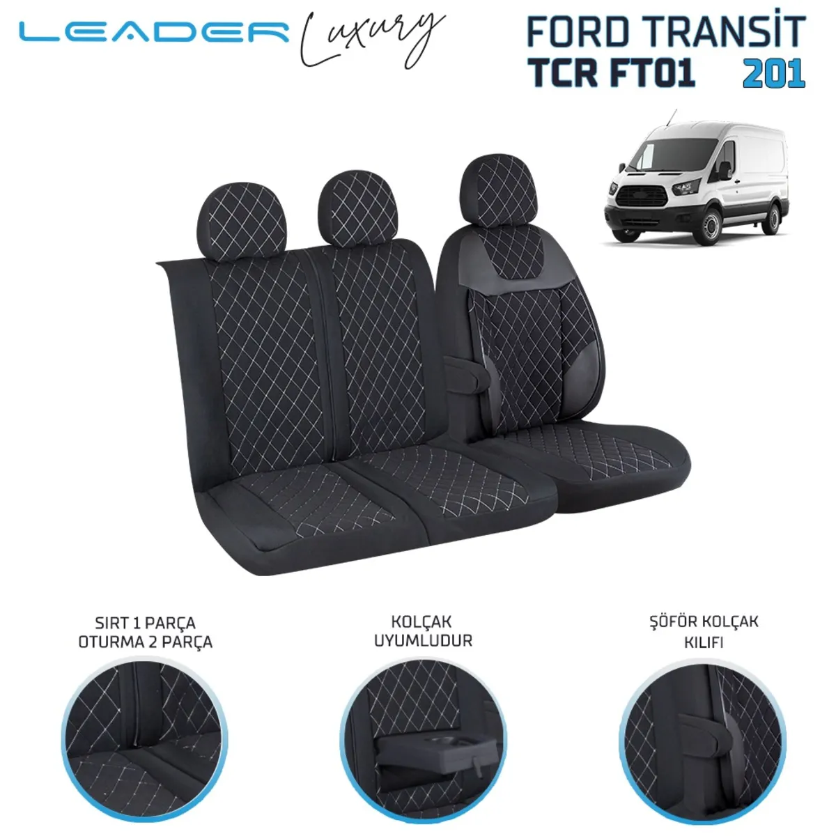 Leader FORD TRANSİT 2013 SONRASI 2+1 TİCARİ NAKIŞLI ALKANTRA OTO KILIFI - Ticari