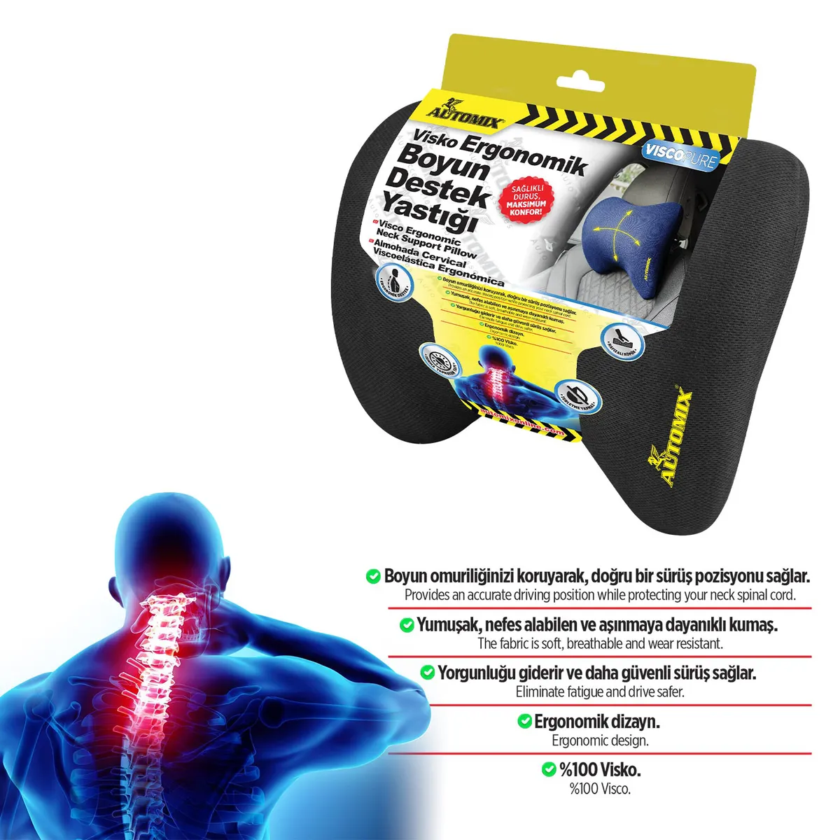 Automix Süper Grip Visko Bel Desteği ve Visko Boyun Yastığı - Sürüş Konfor Paketi - Bel Desteği