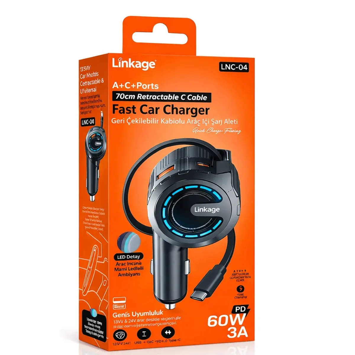 Linkage LNC-04 60W 3A PD Hızlı Araç Şarjı Type-C Makaralı Kablo Araç İçi Şarj Soketi - Çakmaklık Şarj Aleti