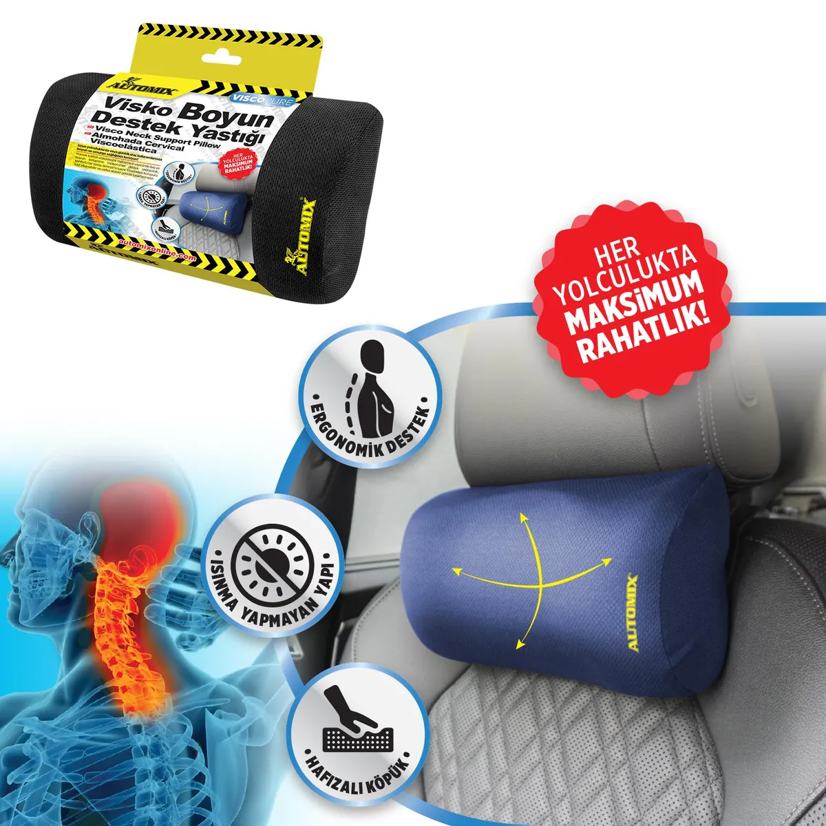 Automix Visko Boyun Destek Yastığı – Araç Koltuğu Boyun Yastığı, Ergonomik Oto Yastık - Siyah - Boyun Yastığı