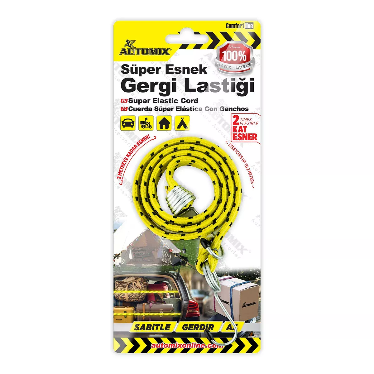 Automix Süper Esnek Gergi Lastiği 2m - %100 Doğal Lateks Çok Amaçlı Sabitleme - Bagaj Lastiği