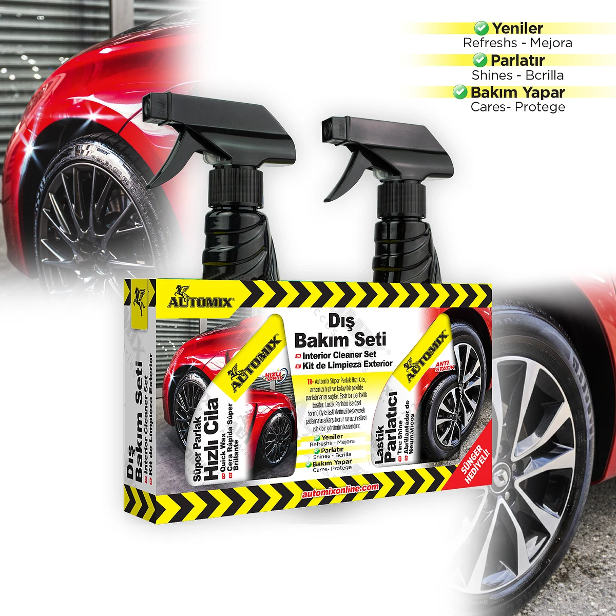Automix Araç Dış Bakım Seti - Hızlı Cila ve Lastik Parlatıcı Sprey (300 ml + 300 ml) 2'li Paket - Hızlı Cila