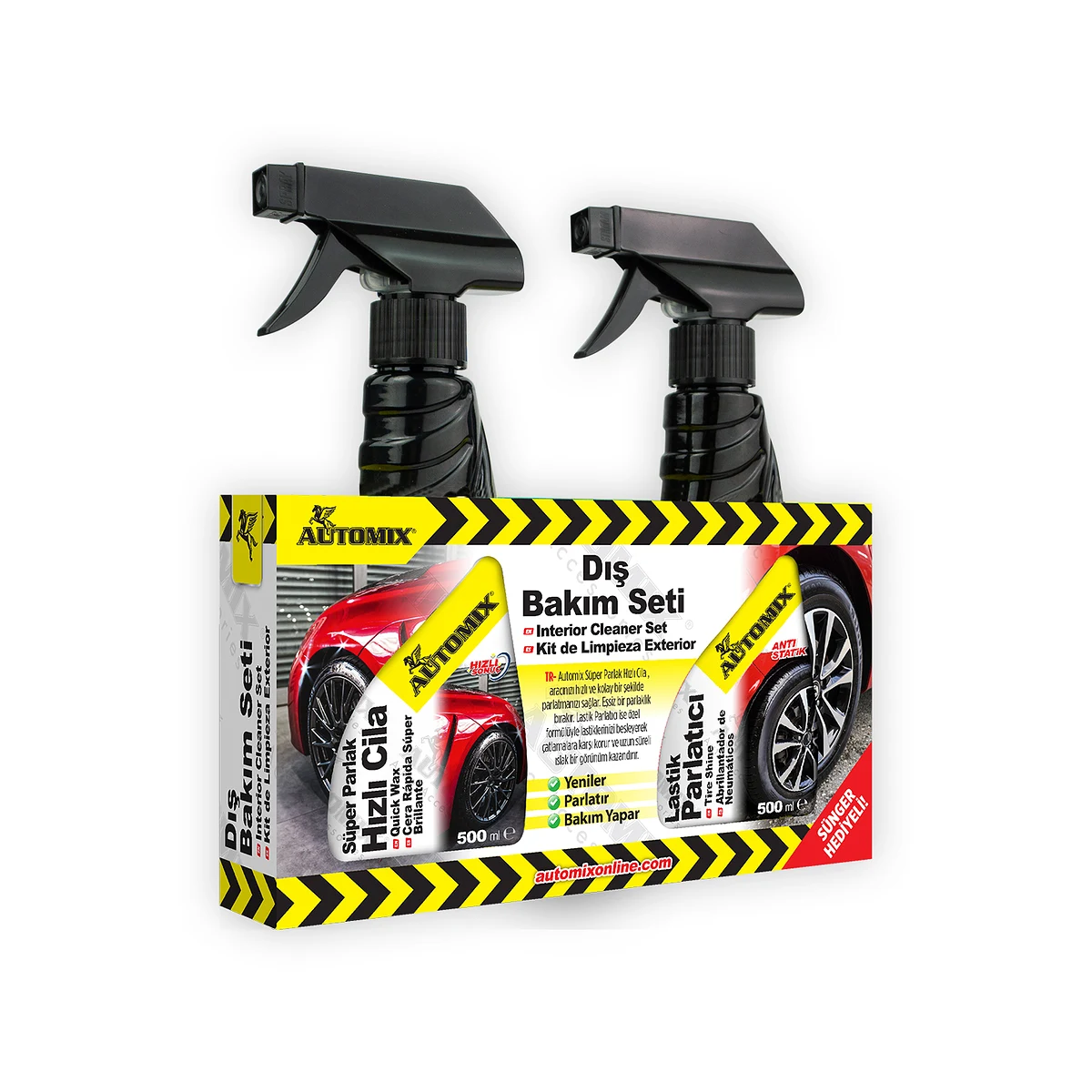 Automix Araç Dış Bakım Seti - Hızlı Cila ve Lastik Parlatıcı Sprey (300 ml + 300 ml) 2'li Paket - Hızlı Cila