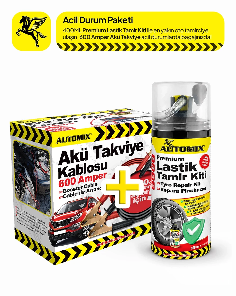 Automix Oto Acil Durum Paketi – 600A Akü Takviye Kablosu + 400 ml Premium Lastik Tamir Kiti - Lastik Tamir Kiti