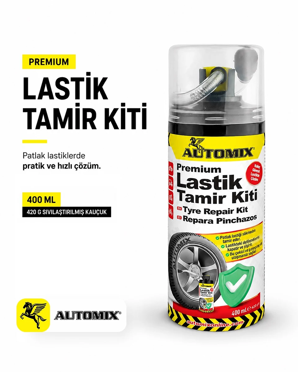 Automix Premium Patlak Lastik Tamir Spreyi 400 ML - 420 Gr. Sıvı Kauçuk - Lastik Tamir Kiti