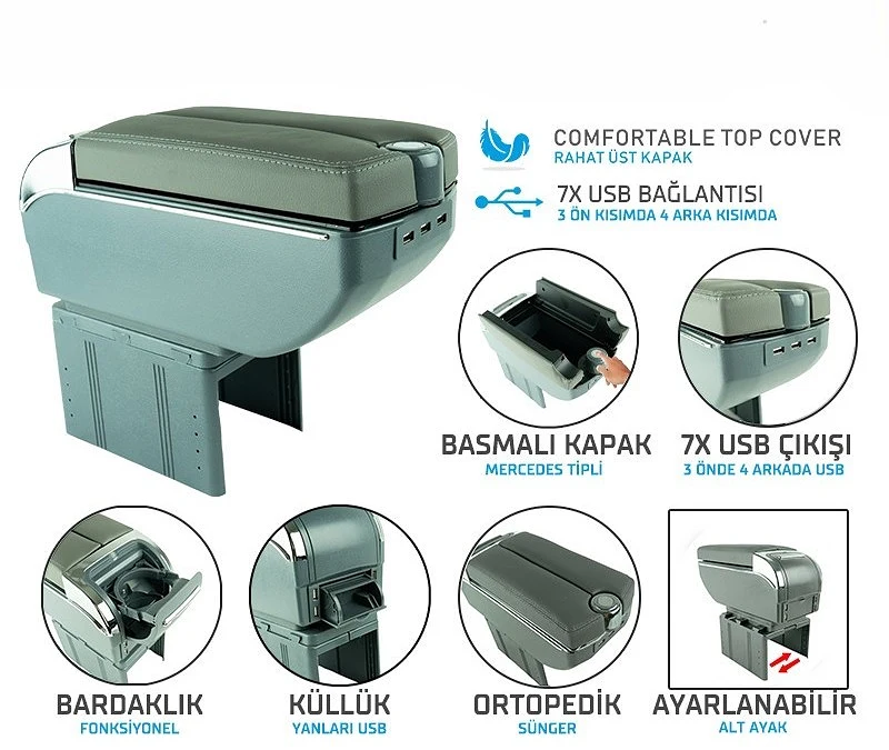 Wimbledon 7 USB Kolçak Kol Dayama Çift Açılır / GRİ - Kolçak
