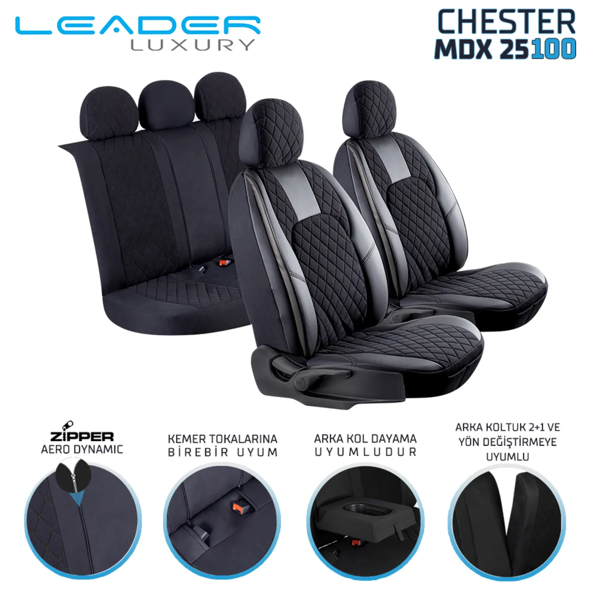 Leader CHESTER NAKIŞ FERMUARLI / Universal Oto Koltuk Kılıfı - Binek