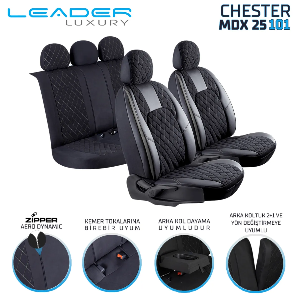 Leader CHESTER NAKIŞ FERMUARLI / Universal Oto Koltuk Kılıfı - Binek