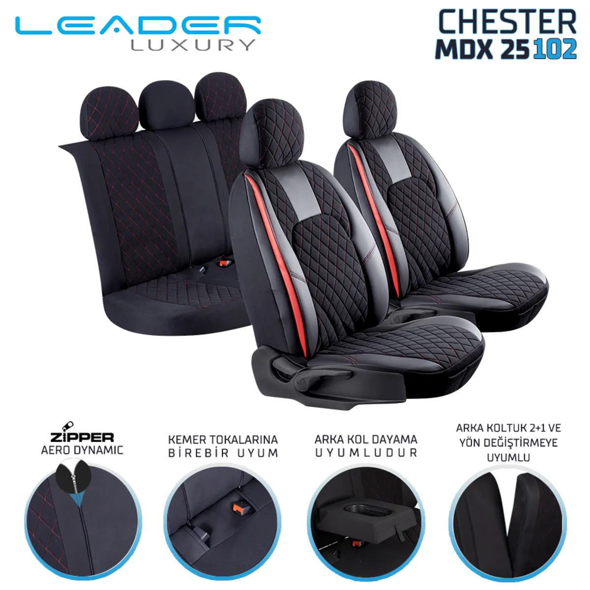 Leader CHESTER NAKIŞ FERMUARLI / Universal Oto Koltuk Kılıfı - Binek