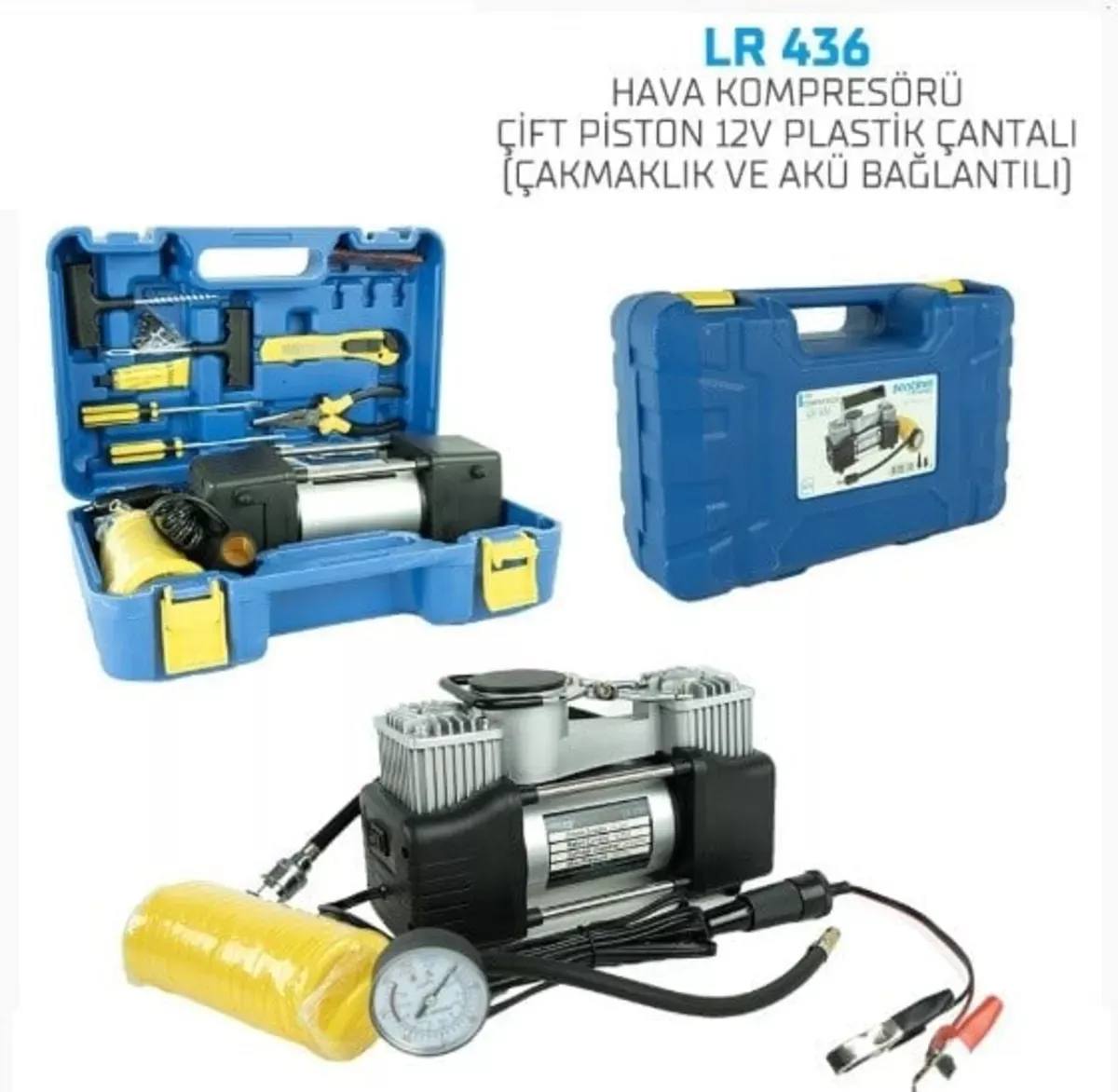 Hava Kompresörü Çift Piston 12V Çakmak Fişli ve Akü Bağlantılı - Kompresör