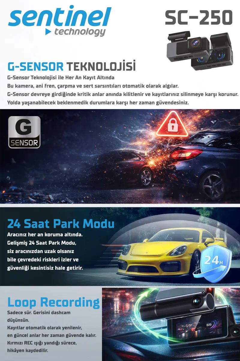 Senti̇nel Kayıt Ci̇hazı 4K 3.2" Ekran 2 Kameralı - Araç İçi Kamera