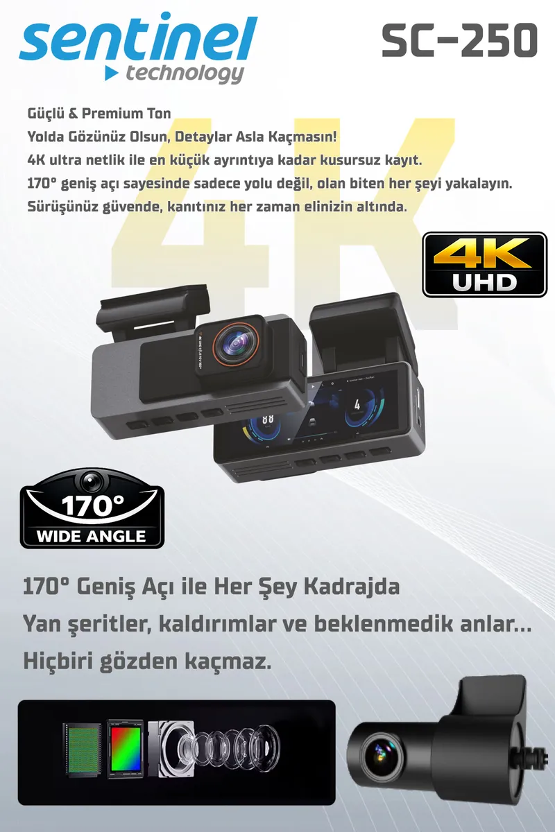 Senti̇nel Kayıt Ci̇hazı 4K 3.2" Ekran 2 Kameralı - Araç İçi Kamera