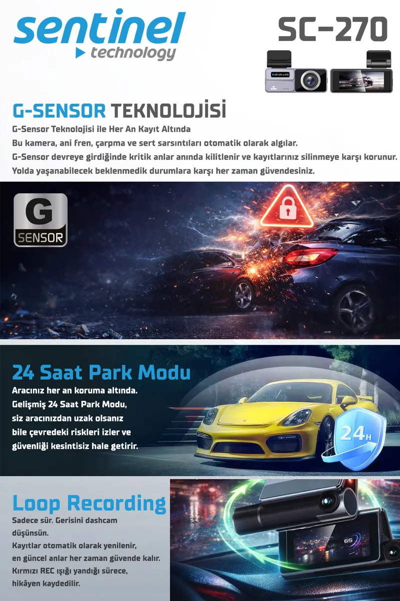 Senti̇nel Kayıt Ci̇hazı 4k 3.2" Dokunmati̇k Ekran 2 Kameralı