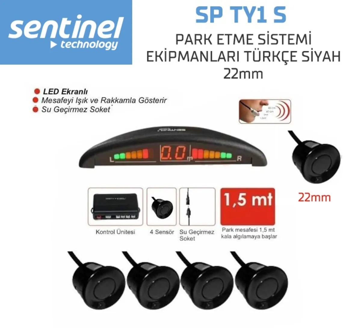 Sentinel Ekranlı Park Sensörü 22Mm - Siyah Türkçe - Park Sensörü
