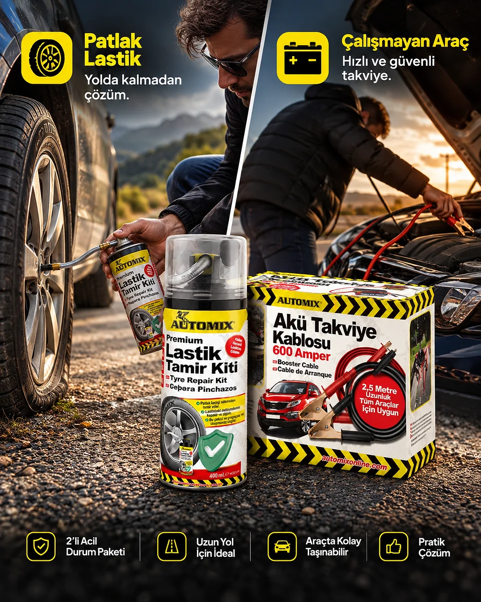 Automix Oto Acil Durum Paketi – 600A Akü Takviye Kablosu + 400 ml Premium Lastik Tamir Kiti - Lastik Tamir Kiti