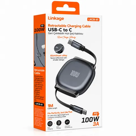 Linkage Type-C Toplanan / Geri Çekilebilir 100W Hızlı Şarj Kablosu - USB Kablo