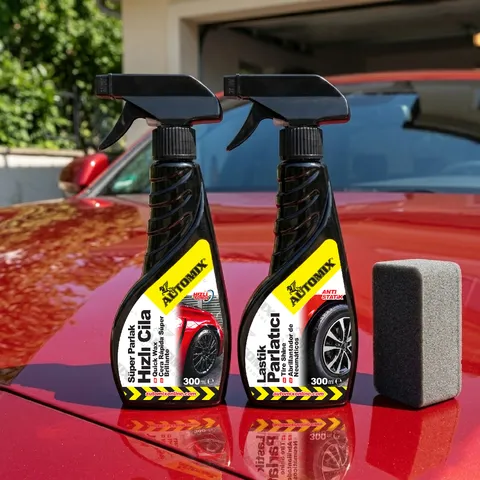 Automix Araç Dış Bakım Seti - Hızlı Cila ve Lastik Parlatıcı Sprey (300 ml + 300 ml) 2'li Paket - Hızlı Cila