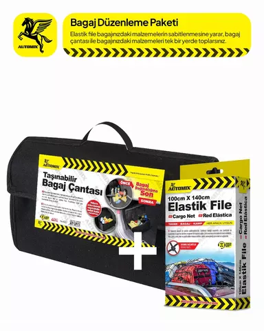 Automix Otomobil Bagaj Düzenleme ve Eşya Sabitleme Seti - Kaymaz Çanta + Genişleyen File - Bagaj Lastiği