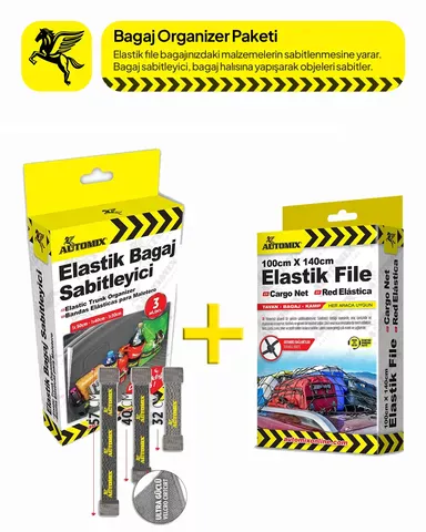 Automix Esnek Bagaj Filesi (50x60 cm) ve 3lü Cırtlı Bagaj Sabitleyici Lastik Seti / Eşya Sabitleme Paketi - Bagaj Lastiği