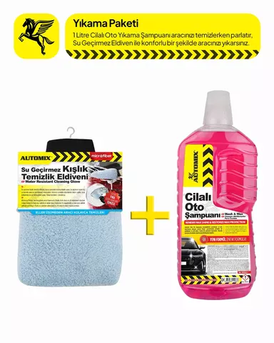 Automix Parlatıcı Etkili Oto Yıkama Paketi: Cilalı Şampuan 1L ve Mikrofiber Temizlik Eldiveni - Şampuan