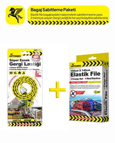 Automix Çok Amaçlı Yük Sabitleme Seti - Metal Kancalı Esnek File + 2 Metreye Kadar Esneyen Latex Gergi Lastiği - Bagaj Lastiğ