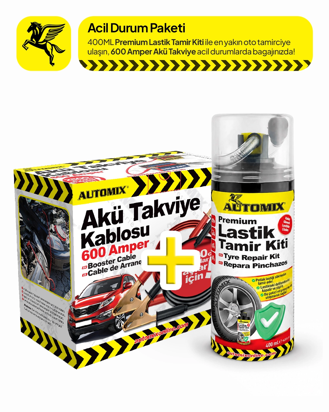 Automix Oto Acil Durum Paketi – 600A Akü Takviye Kablosu + 400 ml Premium Lastik Tamir Kiti