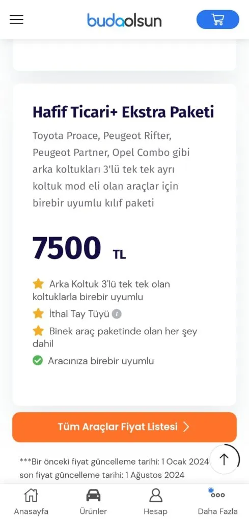 oto kılıf fiyat listesi ekran görüntüsü