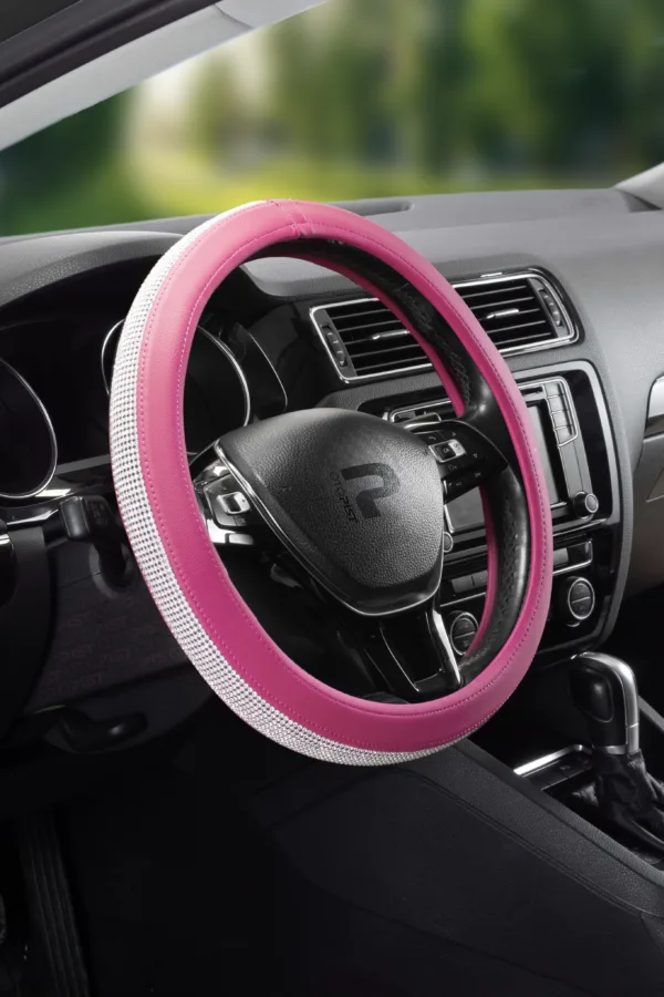 Parlak Gümüş Pırlanta Taşlı Geçmeli Direksiyon Kılıfı - Pembe