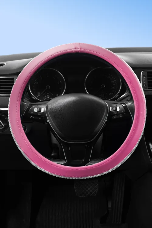 Parlak Gümüş Pırlanta Taşlı Geçmeli Direksiyon Kılıfı - Pembe