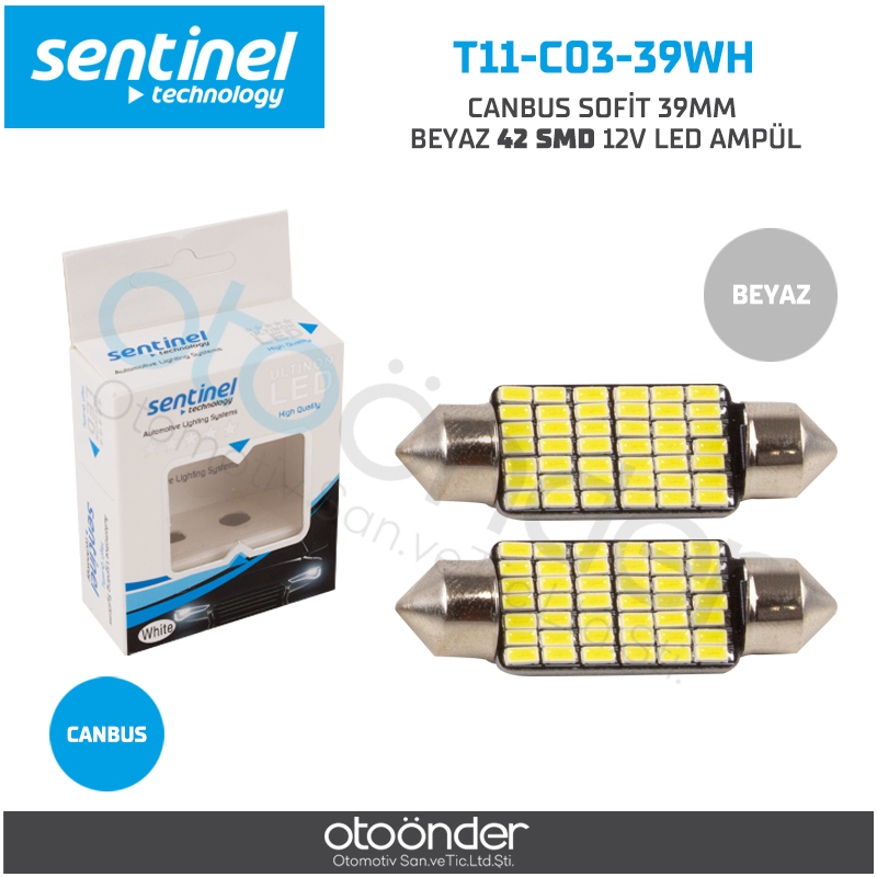 sofit-led - Sentinel Canbus Sofit 39Mm Beyaz 42-Smd 12V Led Ampül - 2 Adet
