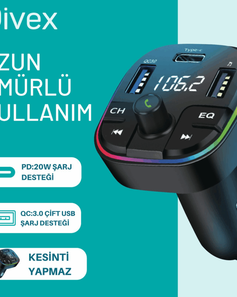 bluetooth-aux-fm-transmitter - Divex DT-604 - Çift USB Araba Şarj Cihazı, Kablosuz FM Verici, 2 USB Portu Transmitter