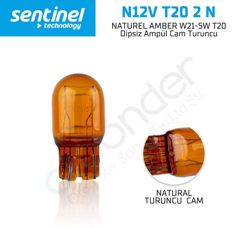 araç ampulü - Sentinel NATUREL AMBER W21-5W T20 Dipsiz Ampül Cam Turuncu