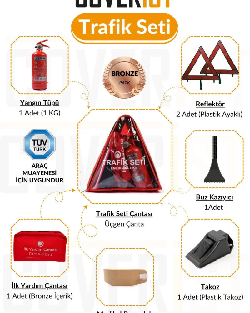 trafik-seti - Üçgen Trafik ve İlk Yardım Seti - Muayene Uyumlu 1 KG Araç Yangın Tüpü - 2 Adet Reflektör - Bronze Pack
